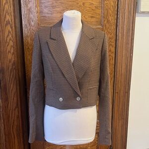 Brown Houndstooth Cropped Women's Blazer